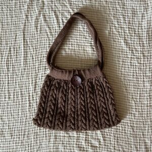 Cable knit button closure brown tote bag